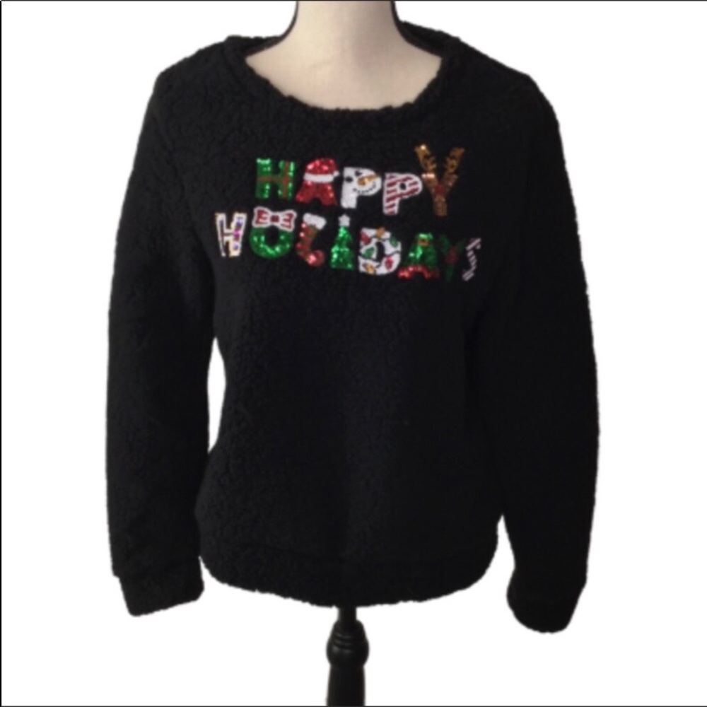 Chance or Fate Black Sequined Happy Holidays Crewneck Fleece Medium NWT